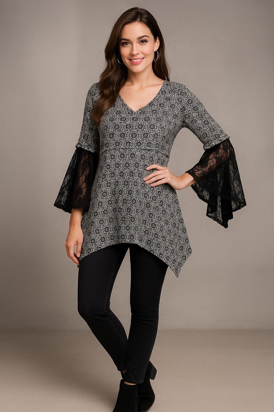 NY Collection Women’s Lace Bell Sleeve Knit Top S Navy Floral Handkerchief Hem